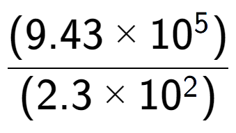 A LaTex expression showing \frac{(9.43 multiplied by 10 to the power of 5 ) }{ (2.3 multiplied by 10 to the power of 2 )}