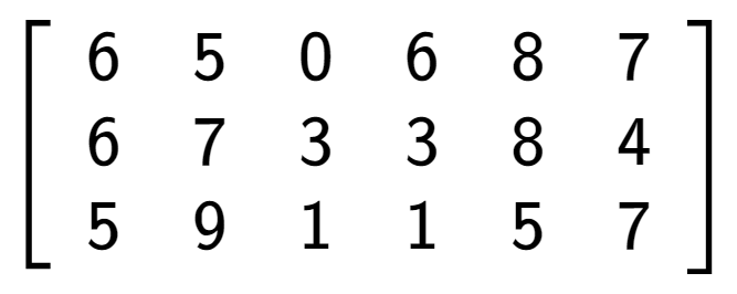 A LaTex expression showing \left[ {\begin{array} {ccc} 6 & 5 & 0 & 6 & 8 & 7 \\ 6 & 7 & 3 & 3 & 8 & 4 \\ 5 & 9 & 1 & 1 & 5 & 7 \end{array} } \right]
