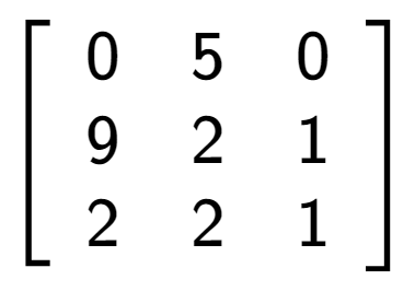 A LaTex expression showing \left[ {\begin{array} {ccc} 0 & 5 & 0 \\ 9 & 2 & 1 \\ 2 & 2 & 1 \end{array} } \right]