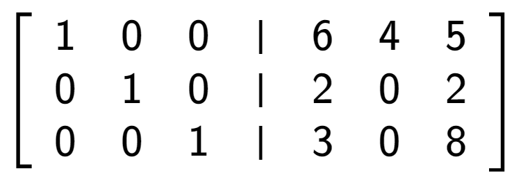 A LaTex expression showing \left[ {\begin{array} {cccc} 1 & 0 & 0 & \vert & 6 & 4 & 5 \\ 0 & 1 & 0 & \vert & 2 & 0 & 2 \\ 0 & 0 & 1 & \vert & 3 & 0 & 8 \end{array} } \right]