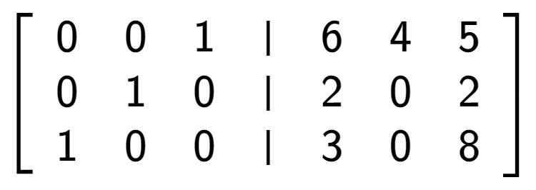 A LaTex expression showing \left[ {\begin{array} {cccc} 0 & 0 & 1 & \vert & 6 & 4 & 5 \\ 0 & 1 & 0 & \vert & 2 & 0 & 2 \\ 1 & 0 & 0 & \vert & 3 & 0 & 8 \end{array} } \right]