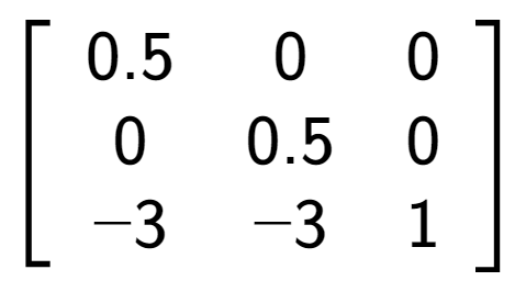 A LaTex expression showing \left[ {\begin{array} {ccc} 0.5 & 0 & 0 \\ 0 & 0.5 & 0 \\ -3 & -3 & 1 \end{array} } \right]