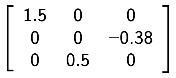 A LaTex expression showing \left[ {\begin{array} {ccc} 1.5 & 0 & 0 \\ 0 & 0 & -0.38 \\ 0 & 0.5 & 0 \end{array} } \right]