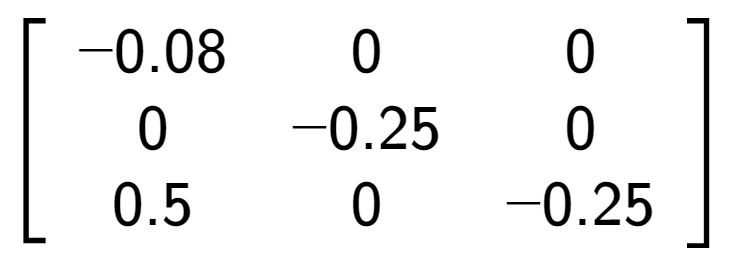 A LaTex expression showing \left[ {\begin{array} {ccc} -0.08 & 0 & 0 \\ 0 & -0.25 & 0 \\ 0.5 & 0 & -0.25 \end{array} } \right]