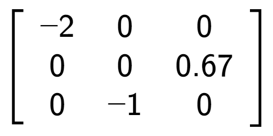 A LaTex expression showing \left[ {\begin{array} {ccc} -2 & 0 & 0 \\ 0 & 0 & 0.67 \\ 0 & -1 & 0 \end{array} } \right]