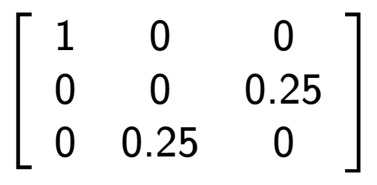 A LaTex expression showing \left[ {\begin{array} {ccc} 1 & 0 & 0 \\ 0 & 0 & 0.25 \\ 0 & 0.25 & 0 \end{array} } \right]