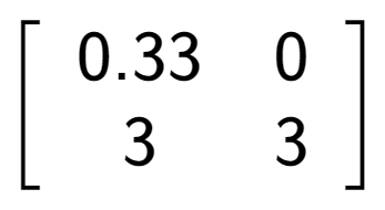 A LaTex expression showing \left[ {\begin{array} {cc} 0.33 & 0 \\ 3 & 3 \end{array} } \right]