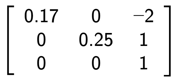 A LaTex expression showing \left[ {\begin{array} {ccc} 0.17 & 0 & -2 \\ 0 & 0.25 & 1 \\ 0 & 0 & 1 \end{array} } \right]