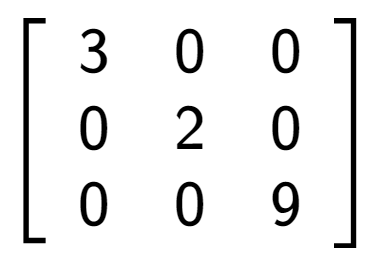 A LaTex expression showing \left[ {\begin{array} {ccc} 3 & 0 & 0 \\ 0 & 2 & 0 \\ 0 & 0 & 9 \end{array} } \right]