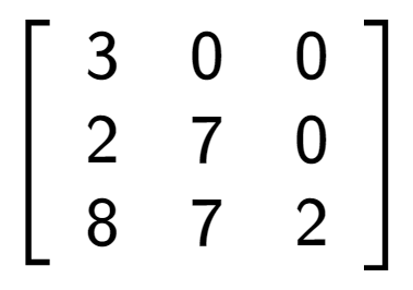 A LaTex expression showing \left[ {\begin{array} {ccc} 3 & 0 & 0 \\ 2 & 7 & 0 \\ 8 & 7 & 2 \end{array} } \right]