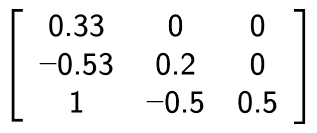A LaTex expression showing \left[ {\begin{array} {ccc} 0.33 & 0 & 0 \\ -0.53 & 0.2 & 0 \\ 1 & -0.5 & 0.5 \end{array} } \right]