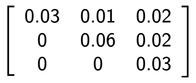 A LaTex expression showing \left[ {\begin{array} {ccc} 0.03 & 0.01 & 0.02 \\ 0 & 0.06 & 0.02 \\ 0 & 0 & 0.03 \end{array} } \right]