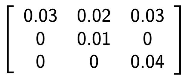 A LaTex expression showing \left[ {\begin{array} {ccc} 0.03 & 0.02 & 0.03 \\ 0 & 0.01 & 0 \\ 0 & 0 & 0.04 \end{array} } \right]