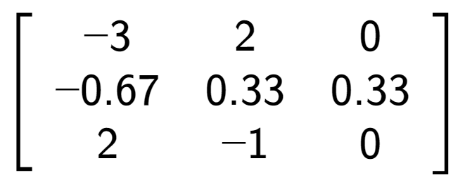 A LaTex expression showing \left[ {\begin{array} {ccc} -3 & 2 & 0 \\ -0.67 & 0.33 & 0.33 \\ 2 & -1 & 0 \end{array} } \right]