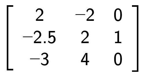 A LaTex expression showing \left[ {\begin{array} {ccc} 2 & -2 & 0 \\ -2.5 & 2 & 1 \\ -3 & 4 & 0 \end{array} } \right]