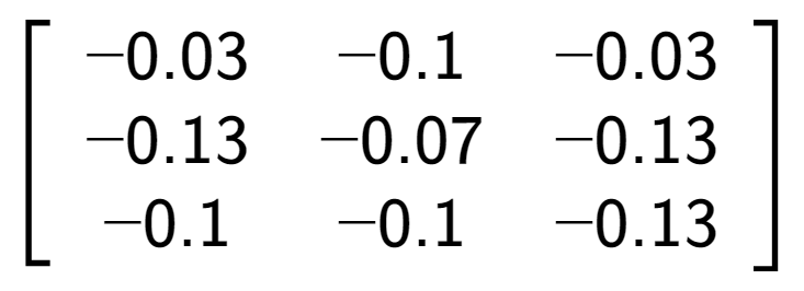 A LaTex expression showing \left[ {\begin{array} {ccc} -0.03 & -0.1 & -0.03 \\ -0.13 & -0.07 & -0.13 \\ -0.1 & -0.1 & -0.13 \end{array} } \right]