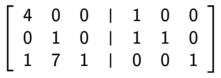 A LaTex expression showing \left[ {\begin{array} {cccc} 4 & 0 & 0 & \vert & 1 & 0 & 0 \\ 0 & 1 & 0 & \vert & 1 & 1 & 0 \\ 1 & 7 & 1 & \vert & 0 & 0 & 1 \end{array} } \right]