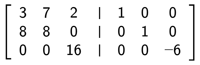 A LaTex expression showing \left[ {\begin{array} {cccc} 3 & 7 & 2 & \vert & 1 & 0 & 0 \\ 8 & 8 & 0 & \vert & 0 & 1 & 0 \\ 0 & 0 & 16 & \vert & 0 & 0 & -6 \end{array} } \right]