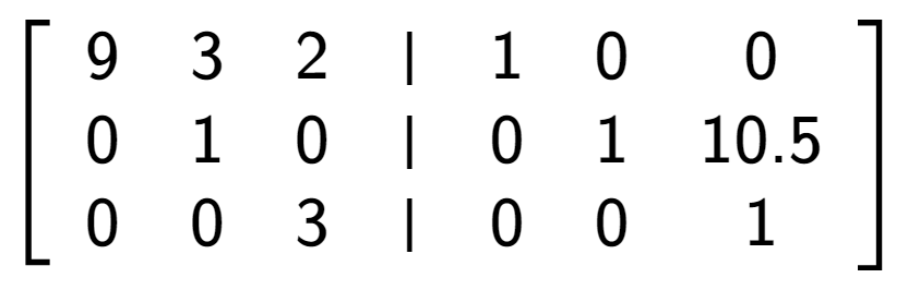 A LaTex expression showing \left[ {\begin{array} {cccc} 9 & 3 & 2 & \vert & 1 & 0 & 0 \\ 0 & 1 & 0 & \vert & 0 & 1 & 10.5 \\ 0 & 0 & 3 & \vert & 0 & 0 & 1 \end{array} } \right]