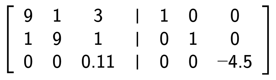 A LaTex expression showing \left[ {\begin{array} {cccc} 9 & 1 & 3 & \vert & 1 & 0 & 0 \\ 1 & 9 & 1 & \vert & 0 & 1 & 0 \\ 0 & 0 & 0.11 & \vert & 0 & 0 & -4.5 \end{array} } \right]
