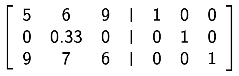 A LaTex expression showing \left[ {\begin{array} {cccc} 5 & 6 & 9 & \vert & 1 & 0 & 0 \\ 0 & 0.33 & 0 & \vert & 0 & 1 & 0 \\ 9 & 7 & 6 & \vert & 0 & 0 & 1 \end{array} } \right]