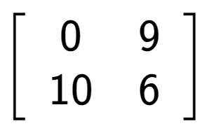 A LaTex expression showing \left[ {\begin{array} {cc} 0 & 9 \\ 10 & 6 \end{array} } \right]