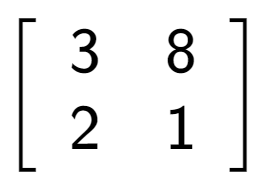 A LaTex expression showing \left[ {\begin{array} {cc} 3 & 8 \\ 2 & 1 \end{array} } \right]