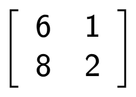 A LaTex expression showing \left[ {\begin{array} {cc} 6 & 1 \\ 8 & 2 \end{array} } \right]