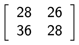 A LaTex expression showing \left[ {\begin{array} {cc} 28 & 26 \\ 36 & 28 \end{array} } \right]