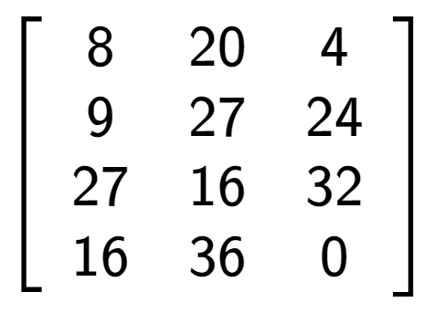 A LaTex expression showing \left[ {\begin{array} {cccc} 8 & 20 & 4 \\ 9 & 27 & 24 \\ 27 & 16 & 32 \\ 16 & 36 & 0 \end{array} } \right]