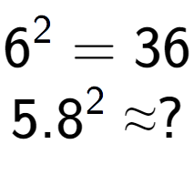 A LaTex expression showing 6 to the power of 2 = 36\\5.8 to the power of 2 \approx ?