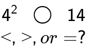A LaTex expression showing 4 to the power of 2 \;\; \bigcirc \;\;14\\<, >, or = ?