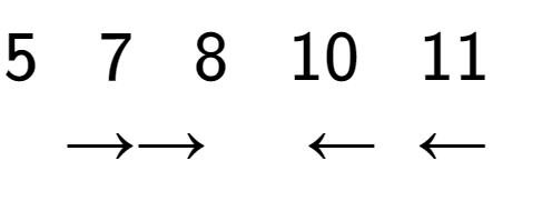 A LaTex expression showing 5\;\;\;7\;\;\;8\;\;\;10\;\;\;11\;\;\;\\\rightarrow\rightarrow\;\;\;\;\;\leftarrow\;\;\leftarrow