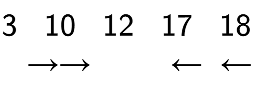 A LaTex expression showing 3\;\;\;10\;\;\;12\;\;\;17\;\;\;18\;\;\;\\\rightarrow\rightarrow\;\;\;\;\;\;\;\;\;\leftarrow\;\;\leftarrow