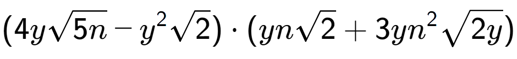 A LaTex expression showing (4ysquare root of 5n - {y} to the power of 2 square root of 2) times (ynsquare root of 2 + 3y{n} to the power of 2 square root of 2y)