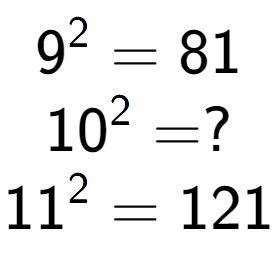 A LaTex expression showing 9 to the power of 2 = 81\\10 to the power of 2 = ?\\11 to the power of 2 = 121