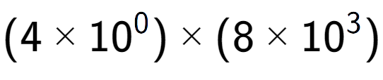 A LaTex expression showing (4 multiplied by 10 to the power of 0 ) multiplied by (8 multiplied by 10 to the power of 3 )