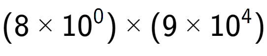 A LaTex expression showing (8 multiplied by 10 to the power of 0 ) multiplied by (9 multiplied by 10 to the power of 4 )