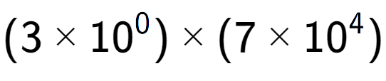 A LaTex expression showing (3 multiplied by 10 to the power of 0 ) multiplied by (7 multiplied by 10 to the power of 4 )