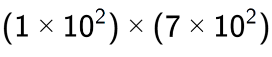 A LaTex expression showing (1 multiplied by 10 to the power of 2 ) multiplied by (7 multiplied by 10 to the power of 2 )