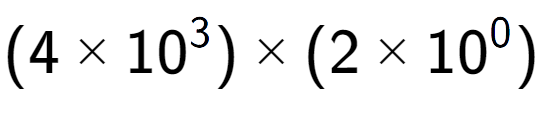 A LaTex expression showing (4 multiplied by 10 to the power of 3 ) multiplied by (2 multiplied by 10 to the power of 0 )