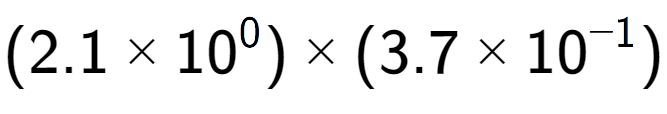 A LaTex expression showing (2.1 multiplied by 10 to the power of 0 ) multiplied by (3.7 multiplied by 10 to the power of -1 )