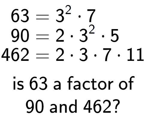 A LaTex expression showing \begin{align*}63 &= 3 to the power of 2 times 7\\[-0.5em]90 &= 2 times 3 to the power of 2 times 5\\[-0.5em]462 &= 2 times 3 times 7 times 11\end{align*}\\\\ \textsf{is }63\textsf{ a factor of}\\90\textsf{ and }462?