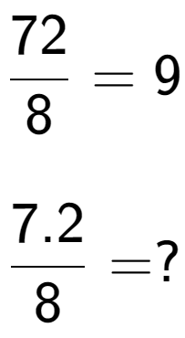 A LaTex expression showing 72 over 8 = 9\\ \\ \; \\ 7.2 over 8 = ?