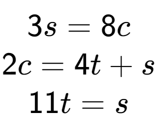 A LaTex expression showing 3s=8c\\2c=4t+s\\11t=s