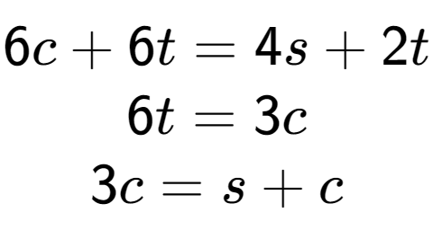 A LaTex expression showing 6c+6t=4s+2t\\6t=3c\\3c=s+c