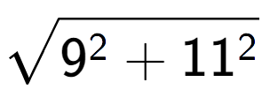 A LaTex expression showing square root of 9 to the power of 2 + 11 to the power of 2