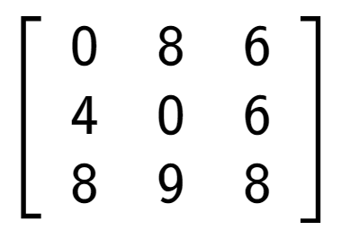 A LaTex expression showing \left[ {\begin{array} {ccc} 0 & 8 & 6 \\ 4 & 0 & 6 \\ 8 & 9 & 8 \end{array} } \right]