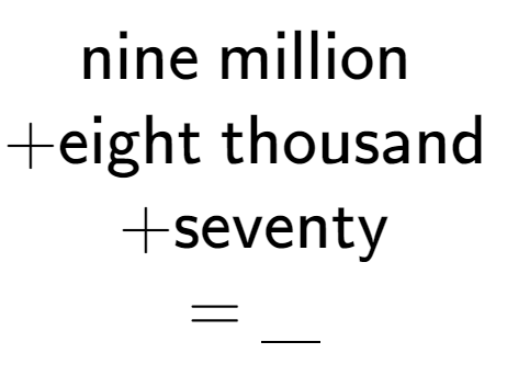 A LaTex expression showing \text{nine million } \\ + \text{eight thousand } \\ + \text{seventy} \\ = \underline{\;\;\;}