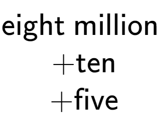 A LaTex expression showing \text{eight million } \\ + \text{ten} \\ + \text{five}